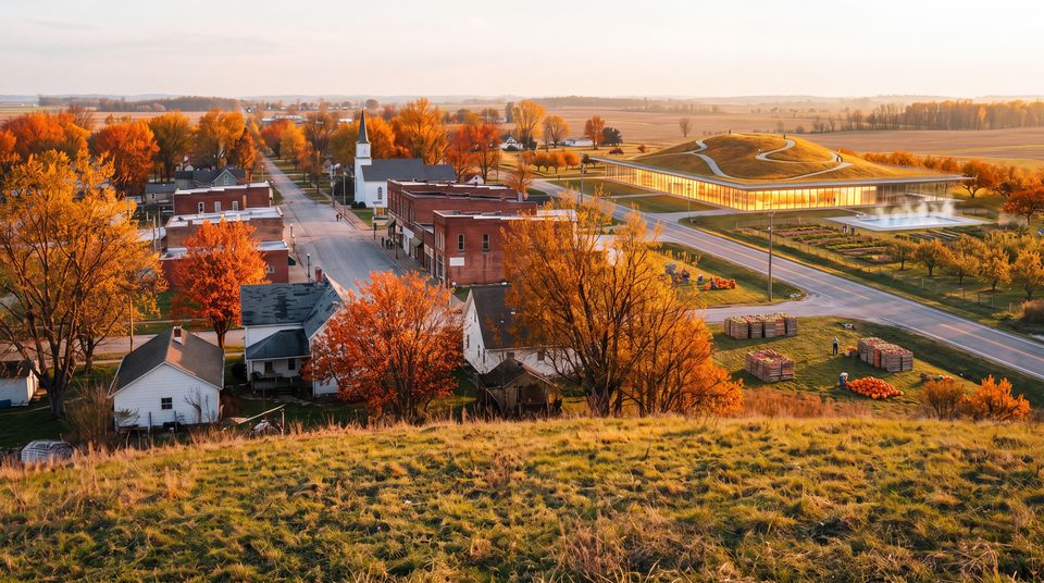 The same town in autumn: the hill and its glass hall glow among orange trees at harvest.
