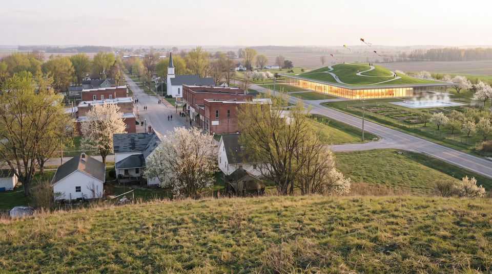The same town in spring: the building has become a green hill with a glass hall along its side, blossom on the trees and kites above the roof.